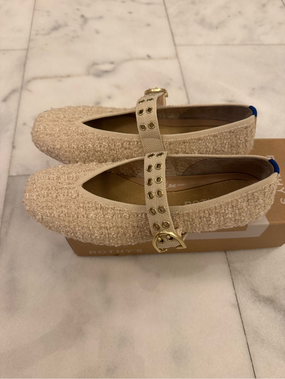 Rothy's The Max Buckle Mary Jane Flats with Gold Buckle Pearl Boucle - Picture 3 of 6